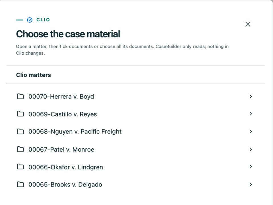 Clio matters listed in CaseBuilder, ready to choose