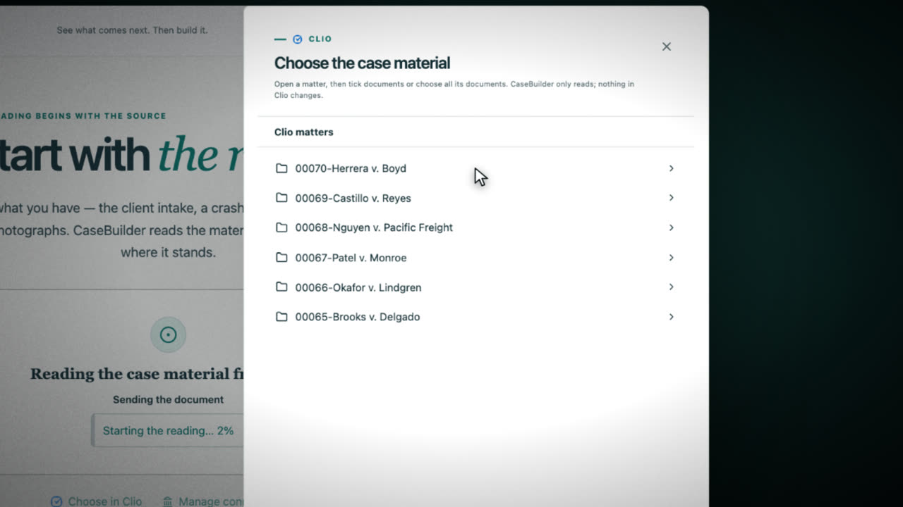 Choosing a Clio matter's documents in CaseBuilder